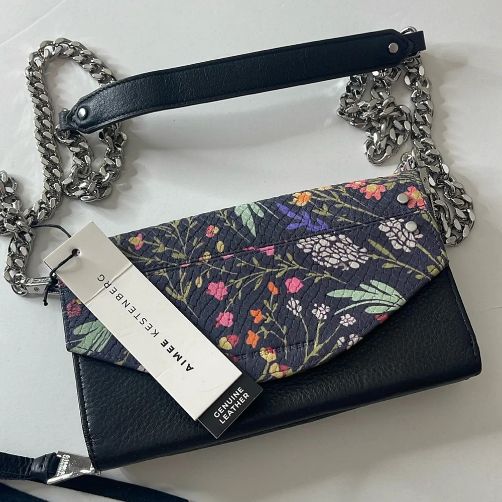 Aimee Kestenberg Delancey Wallet on a Chain Black Floral Leather Silver